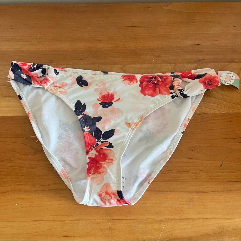 Ardene Swim Floral Bikini Bottoms White Coral‎ Pink Navy Twist Knot Large NWT
